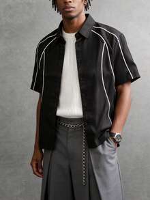 Men's Line Patchwork Contrast Color Short Sleeve Shirt, Casual Streetwear Versatile Men's Shirt - Black - View 1
