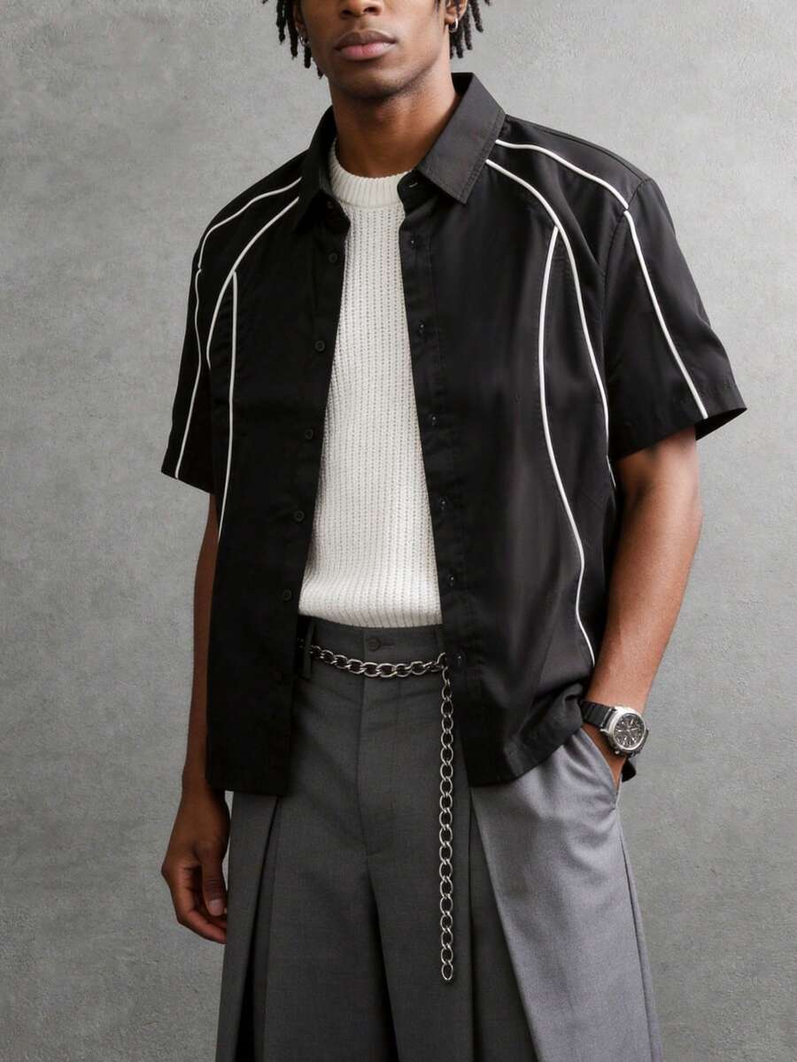 Men's Line Patchwork Contrast Color Short Sleeve Shirt, Casual Streetwear Versatile Men's Shirt - Black - View 1