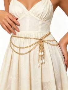 1pc Elegant Pearl Tassel Waist Chain, Gold Multi-Layer Body Chain Belt, Adjustable Women's Wedding Bridal Evening Party Dress Accessory - Gold - View 3