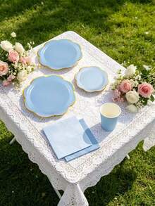 10pcs/20pcs/50pcs/80pcs Blue/Light Blue Gold Rim Paper Tableware Set, Blue 9" Dinner Plates + Light Blue 7" Dessert Plates + Blue Paper Cups + 6.5" Blue/Light Blue Paper Napkins, Scalloped Paper Plates For 1st Birthday, Baptism Party,Birthday,Wedding,Events,Festival,Picnic,Family Gathering Supplies Men Women - Blue Background With Gold Trim - View 6