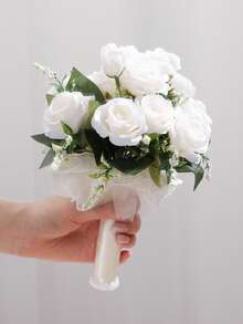 10-Inch Heart Crystal Bridal Bouquet, Lace Bow Silk Rose Wedding Ceremony Prop, Graduation Prom Gift - Multicolor - View 16