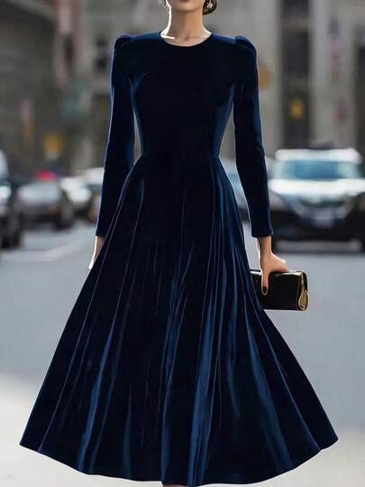 Vestido de fiesta elegante de unicolor con cuello redondo para mujer, primavera