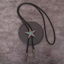 1pc Turquoise Pentagram Retro Leather Cord Necklace, American Western Cowboy Style - Turquoise Pentagonal Vintage Leather Collar Rope Necklace - View 3