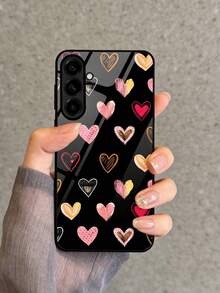 1pc High-Definition Colorful Heart Pattern Luxury Glass Phone Case, Compatible With Galaxy S26Ultra/S26PLUS/S25Ultra/S24/S23 Ultra/A16/A56/A55/A35/A34/A33/A25, 10pro/9/8/7, Fashionable Niche Design, Ideal Gift For Christmas, Valentine's Day, Easter, Wedding Season, Graduation Season, Vacation Season, Back To School Season, And Birthdays - Black - View 2