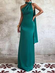 Elegante vestido de punto de una pieza en color sólido con espalda descubierta.Perfecto para fiestas, bodas y citas nocturnas de verano - amarillo ganso - Ver 1