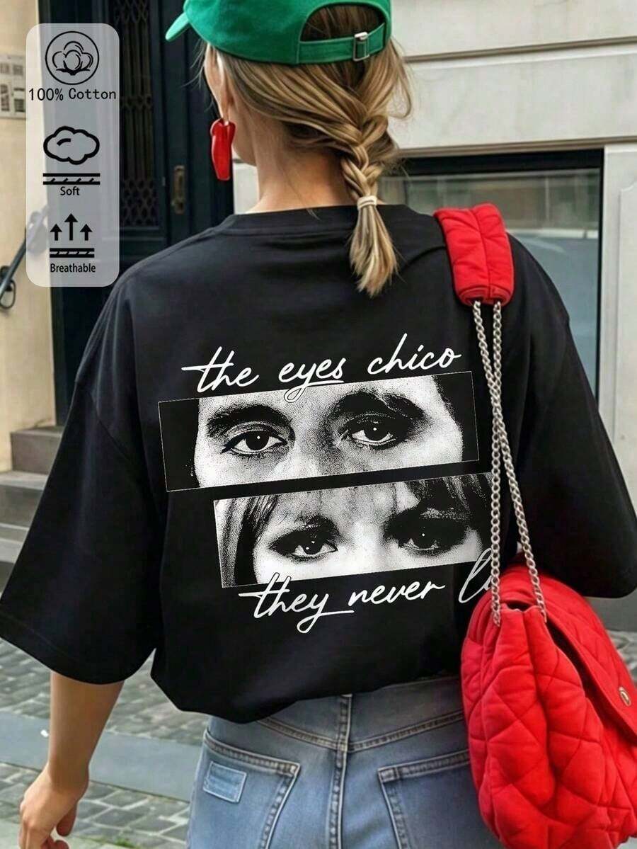Camiseta oversized branca de algodão com estampa, estilo retrô americano, modelagem casual esportiva, macia e respirável, manga curta, para mulheres, ideal para todas as estações. - Preto - Ver 1