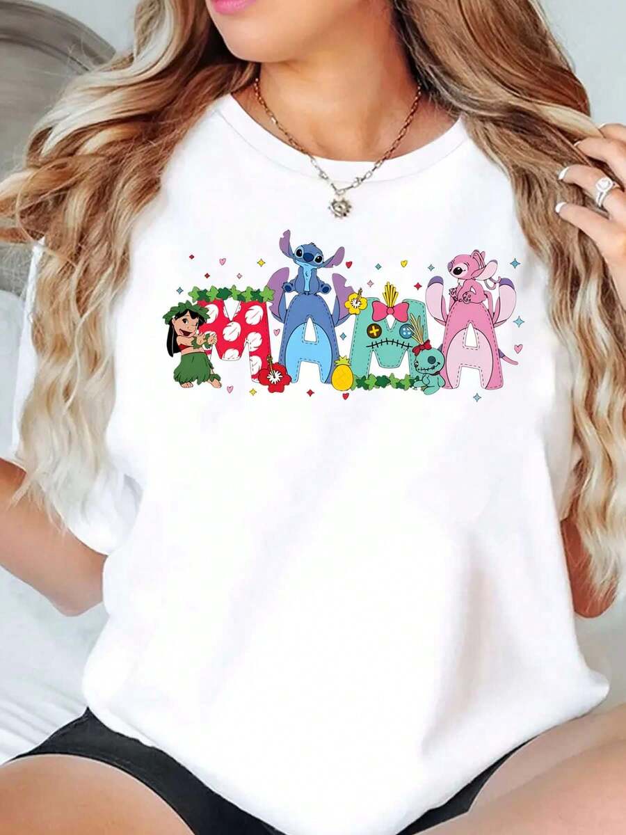Stitch And Lilo Characters Mama Print Disney Women T Shirt Round Neck Short Sleeve Casual Everyday Wear Mother's Day Soft Comfortable 220g - trắng - Xem 1