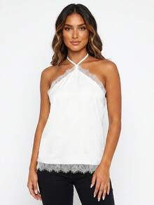 Womens Lace Trim Halter Tops Summer Fashionable Spaghetti Strap Open Back Satin Vest - White - View 4