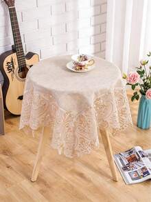 HXARTMIS 1pc French Vintage Lace Trimmed Tablecloth, Linen Texture Rectangular Table Cover, Embroidered Floral Lace Edging, Washable Dining Table Cloth, Suitable For Kitchen, Wedding, Party And Home Decor - Grey Hemp - View 4