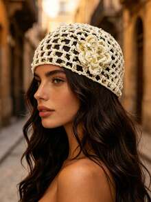 1 chiếc mũ len beanie dệt kim đục lỗ đính sequin hoa màu be phong cách thời trang đường phố thanh lịch cao cấp - Nhiều màu - Xem 1