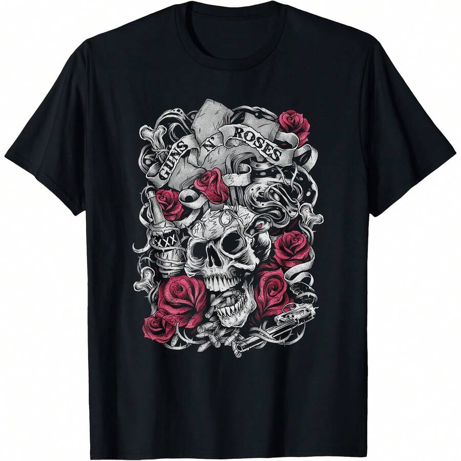 Gunss N' Rosess Official Flourish Skull Pink Roses T-Shirt - Negro - Ver 1