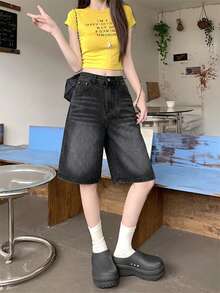 女款素色休閒口袋磨損鈕扣毛邊高腰牛仔短褲，適合春秋黑色夏季 - 黑色 - 查看 4