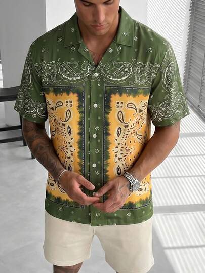 glestore 男士复古风涤纶印花衬衫：春夏必备百搭休闲度假装