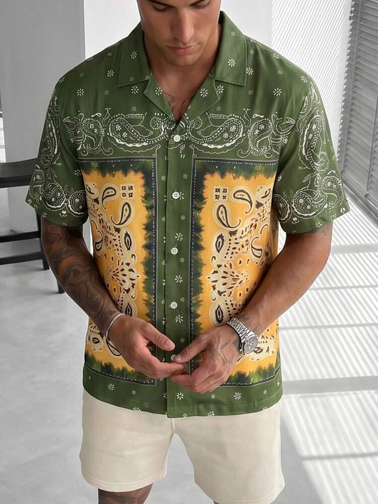 glestore Camisa Estampada de Poliéster Estilo Retrô Masculina