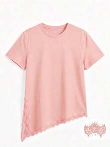 Camiseta de mujer de punto de unicolor con encaje en contraste, asimétrica/asimétrica, adecuada para el hogar, uso diario, vuelta al colegio, fiesta, casual de primavera/verano en color negro - Rosa - Ver 3