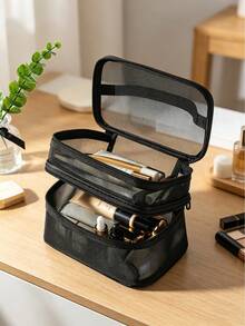 1pc Makeup Bag Handheld Single/Double/Triple Layer Mesh Cosmetic Bag, Large Capacity Toiletry Bag, Portable Makeup Organizer, Multi-Functional Compartment - Multicolor - View 3