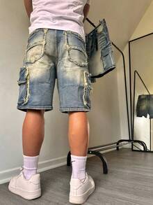 Quần short denim nhiều túi kiểu vintage cho nam, quần short Bermuda ống đứng rộng rãi mùa hè, quần jeans phong cách đường phố thường ngày, đa năng cho việc đi lại hàng ngày và phong cách đường phố. - Màu xanh lam - Xem 2