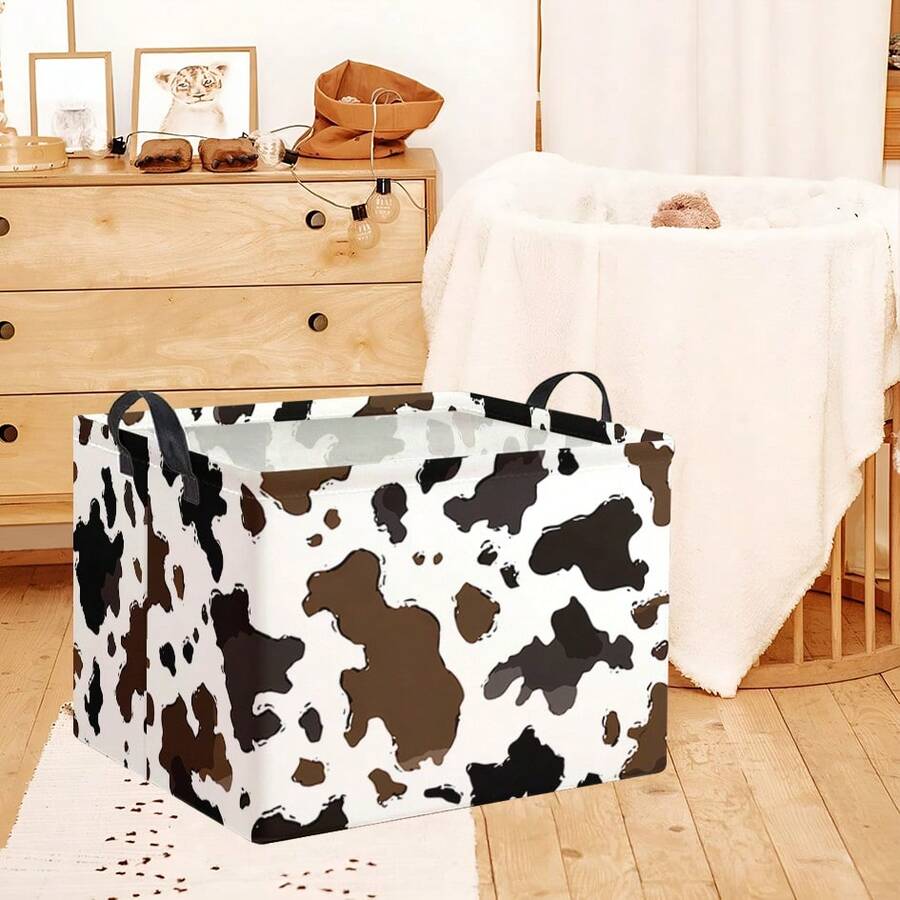 1PC Brown And Black Cowhide-Patterned Rectangular Storage Basket, Foldable Fabric Storage Box With A Western Cowhide Design And Handles, Perfect For Farmhouse, Bedroom, Or Living Room Decor - Brown - View 1