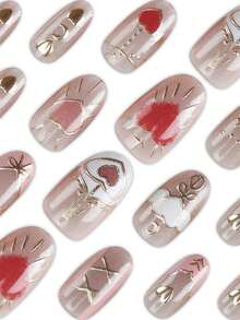 30pcs Almond Shaped/Cute Sweet Korean/Japanese Style False Nail Stickers For Women, Suitable For Parties, Festivals And Daily Use. Includes 1pc Glue And 1pc Nail File - Multicolor - View 3