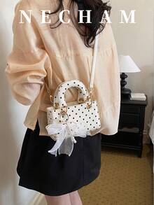 1pc Fashionable Scarf Strap Decor Polka Dot Shoulder Bag, Korean Ins Style - White - View 4