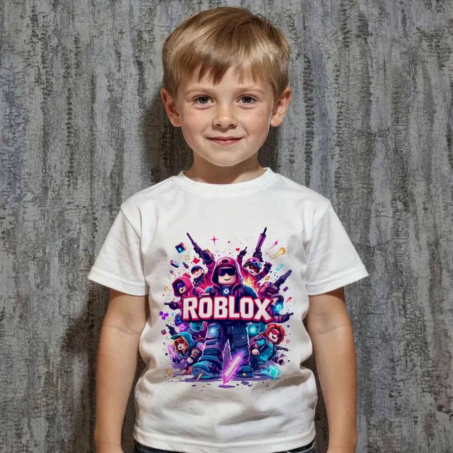 Kids' Printed T-Shirt | Action Video Game T-Shirt, Anime Style Graphic T-Shirt For Boys And Girls - Funny Cartoon Inspired T-Shirt For Boys And Girls, Summer Casual Outfit, Retro Cartoon T-Shirt - 白色 - 查看 1