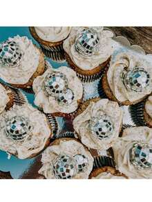19 piezas Adornos para pastel de bola de disco o adornos individuales de feliz cumpleaños, decoraciones de bola de disco de espejo plateada para pastel y cupcakes, adecuadas para fiestas con temática de música disco de los 70, 80 y 90 (los adornos para pastel se deben usar con palitos blancos) - Láser 1 - Ver 6