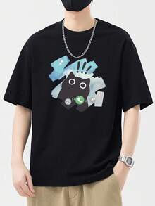 100% Cotton. Stylish Men's Sporty T-Shirt With Cute Cat Print, Crew Neck And Short Sleeves, Comfortable And Versatile, Suitable For Spring And Summer. Sporty Style, Comfortable And Well-Fitting, Ideal As A Gift. A Summer Essential. - Black - View 1