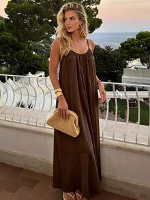 NOVELLE Women's Autumn Elegant Vacation Style Brown Spaghetti Strap Dress, Loose Casual Backless Maxi Dress, Suitable For Vacation, Dating And Party - Brown - View 2
