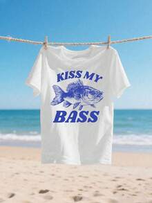Women's Kiss My Bass & Fish Graphic Print Casual Short Sleeve T-Shirt, Suitable For Spring/Summer, Plus Size White - White - View 2