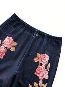 Pantalones estampados de talla grande, [pantalones estampados - no de tela de mezclilla] Pantalones acampanados de ajuste entallado con estampado de imitación de mezclilla, estampado floral, estampado con efecto de tela de imitación de mezclilla, bolsillos y botones de imitación, y estilo vintage de - Azul oscuro - Ver 6