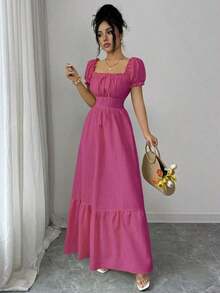 Nuevo vestido con mangas de globo de tela tejida con textura arrugada, con lazo delantero y fruncido trasero, que cintura la cintura, con silueta favorecedora, elegante vestido para ocasiones de vacaciones/casual para mujeres jóvenes - Rosa Fucsia - Ver 7