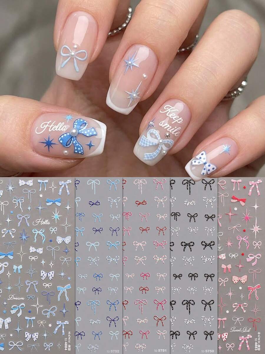 5件組甜美芭蕾蝴蝶結美甲貼紙－彩色極光緞帶、四角星浮雕美甲貼紙－音樂祭／畢業／派對日常多巴胺辣妹風DIY美甲裝飾