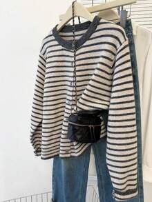 Plus Size Women's Autumn/Winter Striped Knit Cardigan, Round Neck Single-Breasted Long Sleeve, Loose Casual Daily Outerwear - Grey - View 6