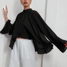 Aveloria  Blusa elegante y lujosa de gasa con volantes y capas en tonos púrpura-rojo para mujeres - Verde - Ver 2