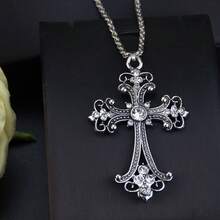 1pc Vintage European & American Cross Pendant Necklace, Inlaid With Rhinestones, Baroque Floral Pattern, Classical Religious Jewelry Cross Necklace - Pendant Necklace - View 7
