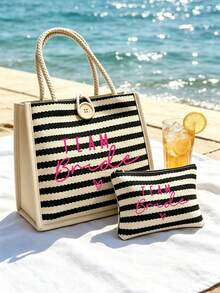Conjunto de bolso tote y bolso de maquillaje con estampado nupcial - Bolso de hombro mini a rayas negras y blancas - Bolso de almacenamiento de artículos pequeños - Bolso de mano para vacaciones - Bolso de regalo para damas de honor - Perfecto para vacaciones en la playa, natación, compras, fiesta de boda y desplazamiento diario - Regalo perfecto para amigos y familiares - Multicolor - View 3
