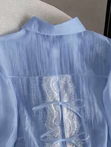 Women's Lightweight Lace Trim Semi-Sheer Layered Shirt, Fashion Designer Version, Suitable For Spring, Summer And Autumn, Machine Washable, Boho-Chic - Blue - View 3