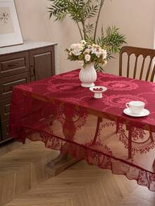 1pc French Elegant Floral Lace Trim Tablecloth, Countryside Fresh Decor - Burgundy - View 9
