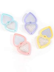 1pc Portable Pink Heart-Shaped Folding Comb With Mirror - No Battery Needed, Cartoon Design, Cute Valentine's Day/Birthday Gift, Dual Use For Home & Outdoor, Personal Beauty Tool, Durable Plastic Material, Sturdy Structure, Essential For Makeup Lovers, Suitable For Friends, Girlfriends, Couples, Family, Mother's Day, Valentine's Day, Thanksgiving, Christmas Hair Styling Tool Kit - Multicolor - View 5