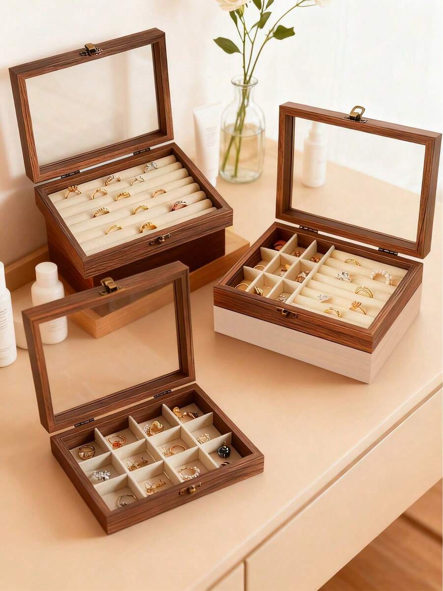 Vintage Walnut Wood Jewelry Box, Drawer Style Jewelry Organizer Box For Rings, Earrings, Necklaces, Bracelets, Elegant Transparent Plastic & Velvet Drawers Jewelry Storage Box - Multicolor - View 1