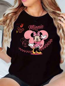 Minnie Mouse 1928 Classic Character Print Disney Women T Shirt Round Neck Short Sleeve Casual Daily Wear Summer Outfit Soft Comfortable 220g - màu đen - Xem 1