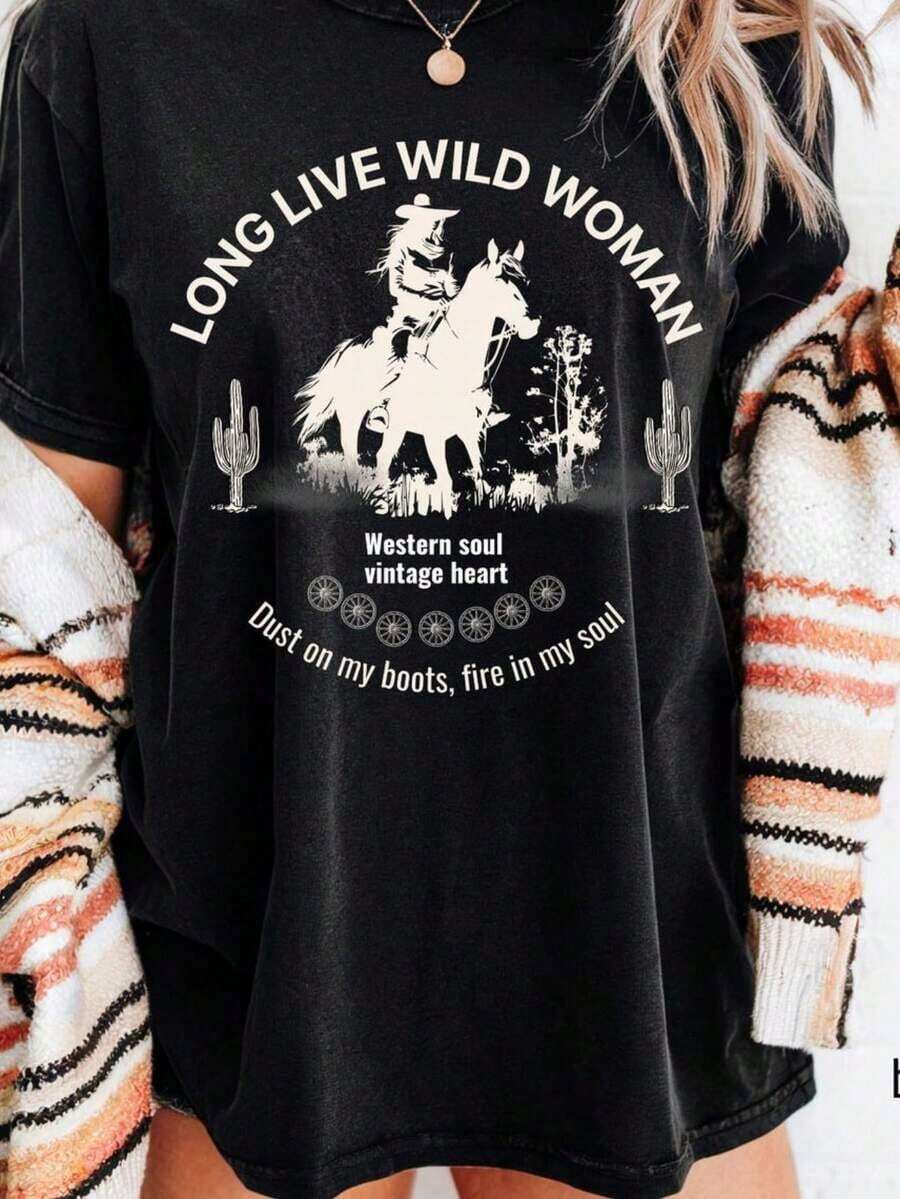 1 T-Shirt: Women's "Viva La Rad" T-Shirt, Retro Style, Feminism T-Shirt, Boho T-Shirt, "Girl Power" T-Shirt, Vintage Graphic T-Shirt. - 黑色 2 - 查看 1