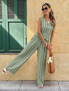 Frenchy Conjunto de 2 piezas de top sin mangas con botones a rayas y pantalones casuales para mujer - Verde - Ver 6