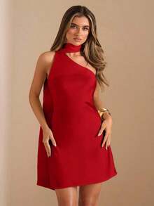 Vestido mini de satén elegante con hombros asimétricos y espalda descubierta en unicolor amarillo crema, vestido mini elegante con estampado, vestido mini sexy con espalda descubierta, vestido mini de satén amarillo con espalda descubierta, vestido de satén elegante con espalda descubierta para invitada de boda, vestido largo de dama de honor de satén, vestido mini elegante para cóctel - Rojo - Ver 1