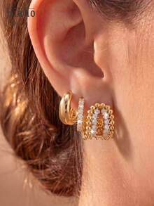 Hihho 3 Pairs Hoop Earrings Set, Golden Bead Ring Design, Densely Embedded Luxury Rhinestones, Fashion Minimalist, Suitable For Casual And Gentle Outfit, Versatile For Daily Wear - Gold - View 2