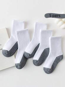 5pairs Kids/Student Contrast Color Crew Socks, Elastic Sports Socks In Black, White, Gray For All Seasons, For Boys - Multicolor - View 12
