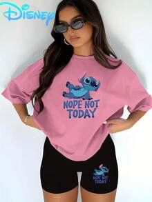 Lilo & Stitch "Nope Not Today" T-Shirt & Biker Shorts Setwomen's Casual T-Shirt And Yoga Pants Set, Perfect For Summer Travel And Relaxing At Home. Disney Licensed Stylish, Soft, And Comfortable Sportswear Set. - 粉色 - 查看 1