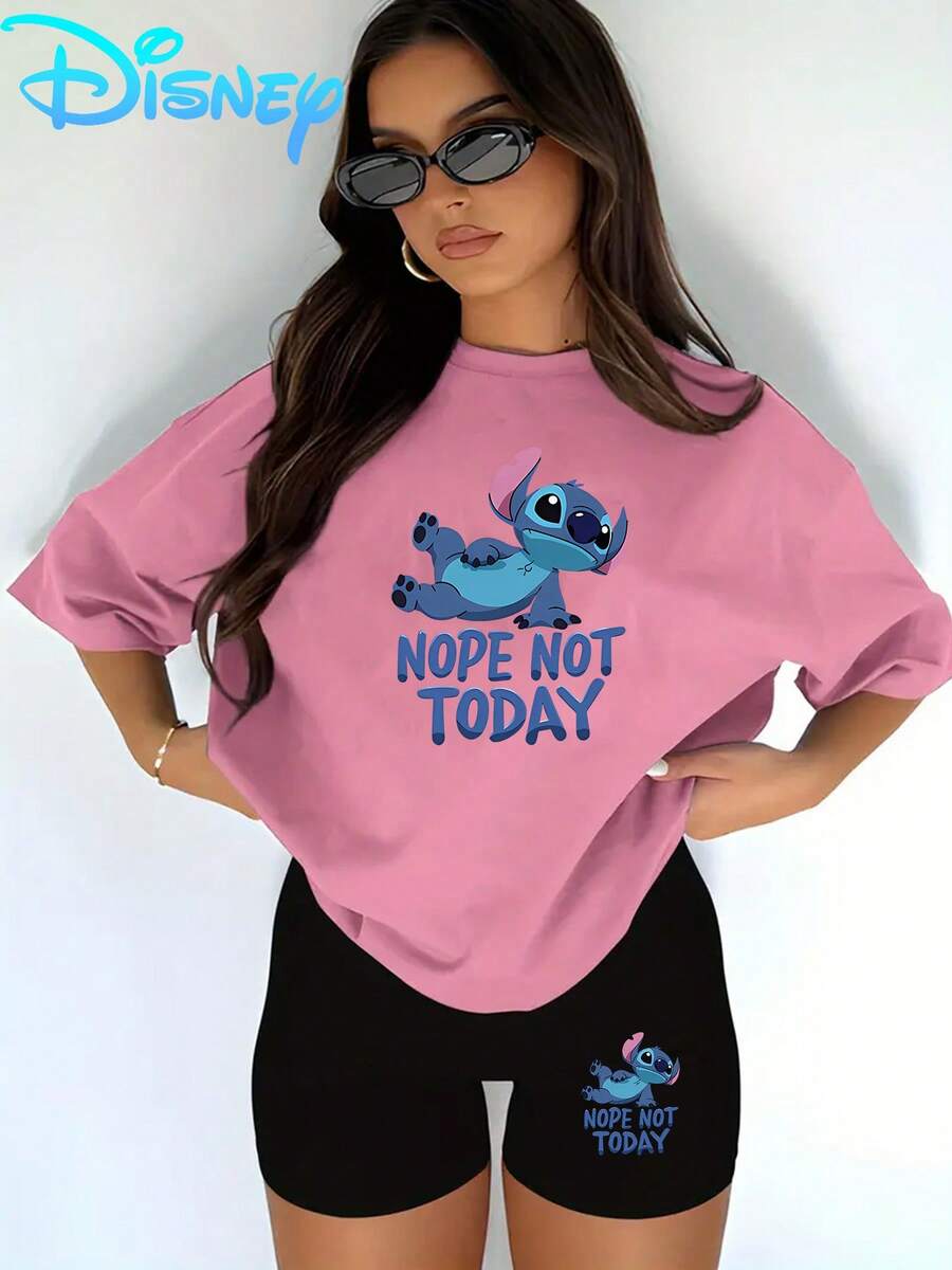 Lilo & Stitch "Nope Not Today" T-Shirt & Biker Shorts Setwomen's Casual T-Shirt And Yoga Pants Set, Perfect For Summer Travel And Relaxing At Home. Disney Licensed Stylish, Soft, And Comfortable Sportswear Set. - 粉色 - 查看 1