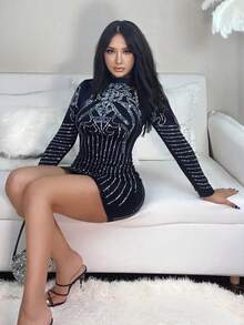 Vestido corto de manga larga para en club nocturno con diamantes calientes de Color sólido para mujer - Negro - Ver 3