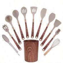 Bộ dụng cụ nấu ăn 11 món kèm giá đỡ - Bộ dụng cụ nhà bếp, tay cầm bằng gỗ có họa tiết, thìa xới thức ăn chống dính kèm hộp đựng. - Nhiều màu - Xem 10